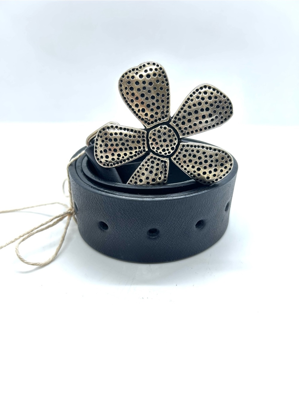 Silpada Leather Black Belt with Silver Metal Flower Buckle Size S